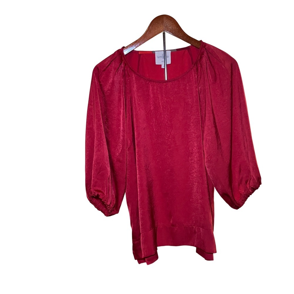 Umgee Blouse Women's Small Red Crinkle Satin Puff Sleeve Round Neck Boho